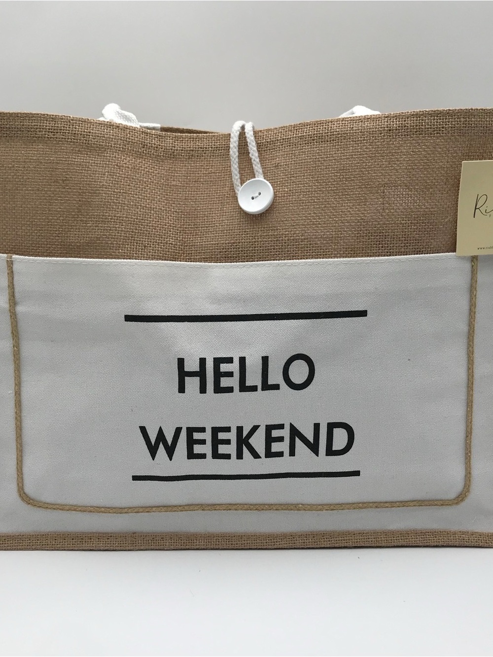 BNWT Riah Fashions Canvas & Jute 'Hello Weekend' Storage Tote - Natural/White